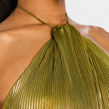 Hana Halter Metalik Haljina s Otvorenim Leđima i Visokim Razrezom