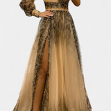 Natalija Maxi Haljina od Chiffona s Otkritim Ramenom i Voluminousom Ruzom